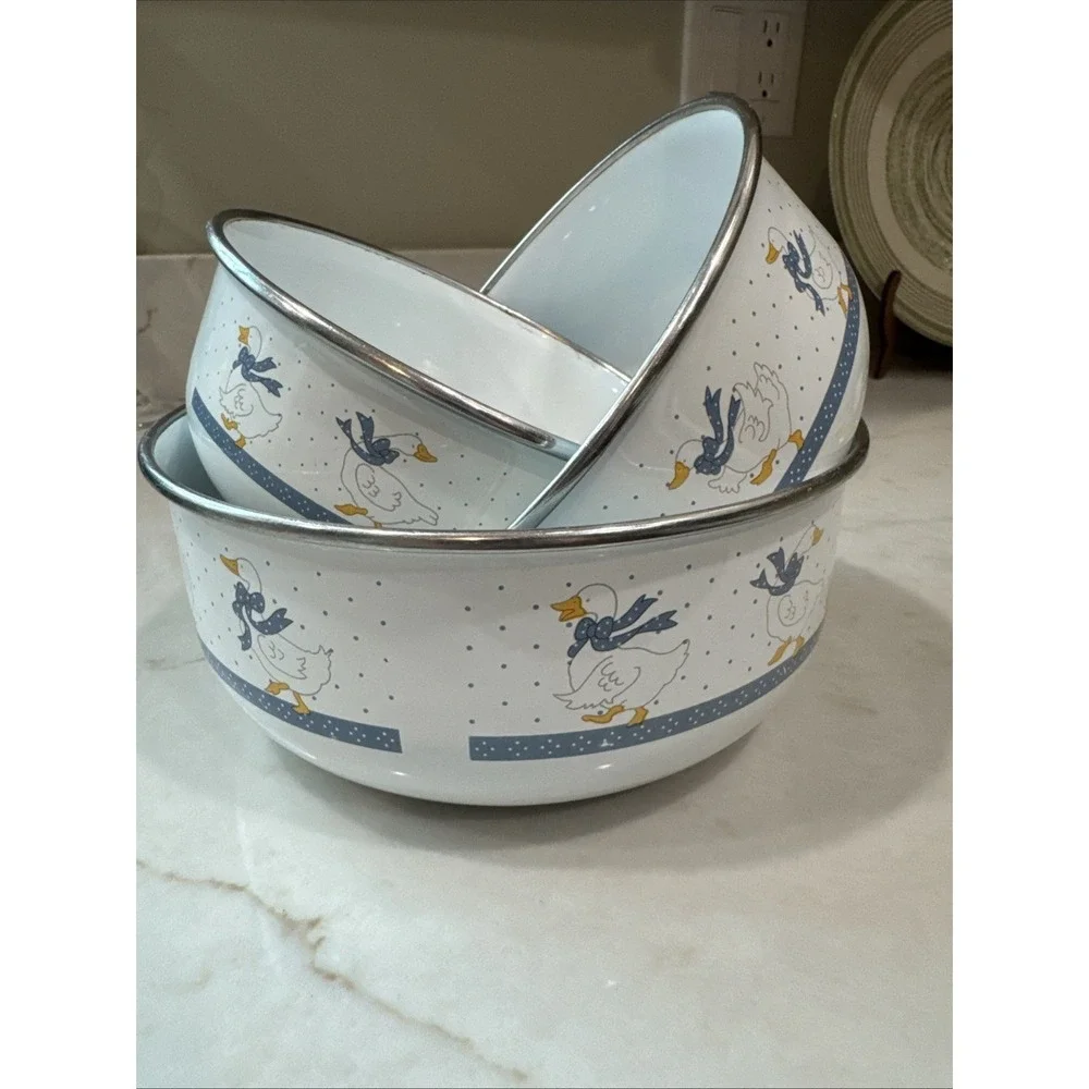 3 metal Enamel Nesting Bowls County Blue Goose Geese Bow White Blue cottagecore